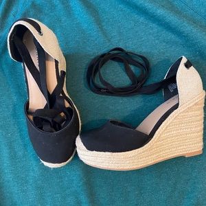 BLACK FAUX SUEDE ANKLE WRAP ESPADRILLE WEDGE
